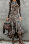 Retro Polyester Flare Hem Midi-Length Dress(Includes belt)
