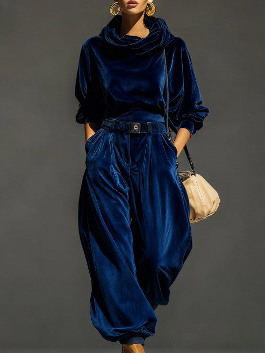 Retro Brown Velvet Hoodie And Loose-Fitting Trousers Set(Includes Belt)