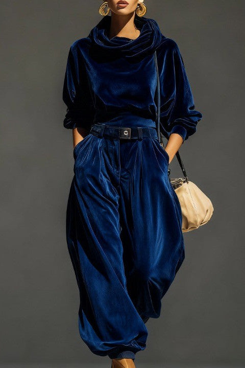 Retro Brown Velvet Hoodie And Loose-Fitting Trousers Set(Includes Belt)