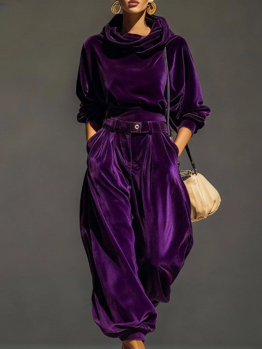 Retro Brown Velvet Hoodie And Loose-Fitting Trousers Set(Includes Belt)