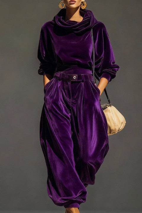 Retro Brown Velvet Hoodie And Loose-Fitting Trousers Set(Includes Belt)