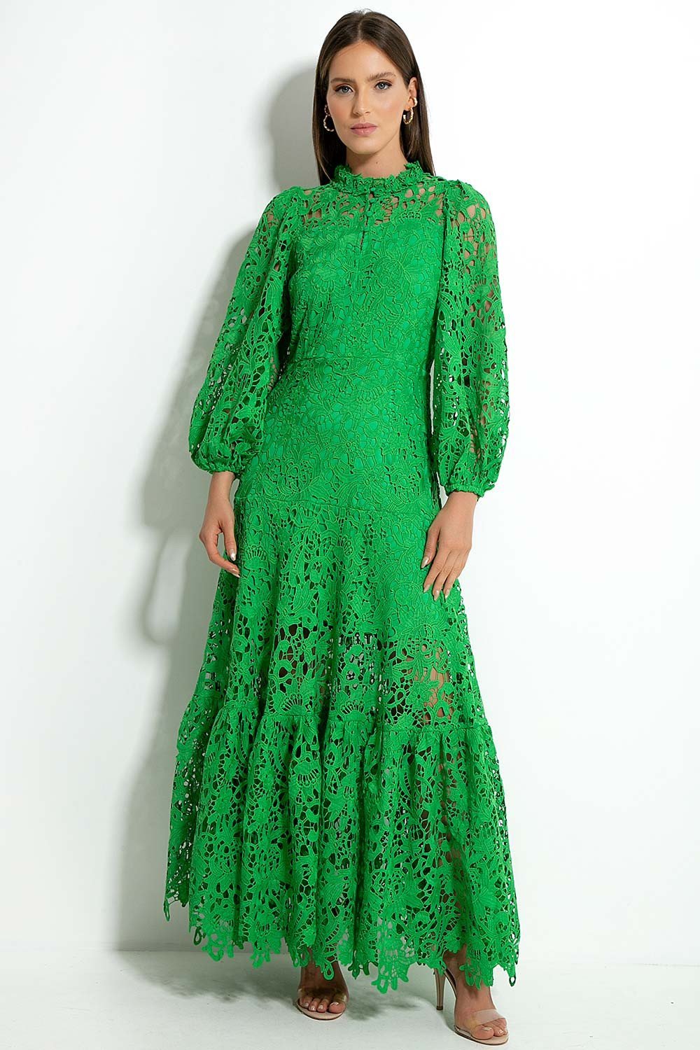 Joa Embroidered Lace Trimmed Flare Maxi-Length Dress