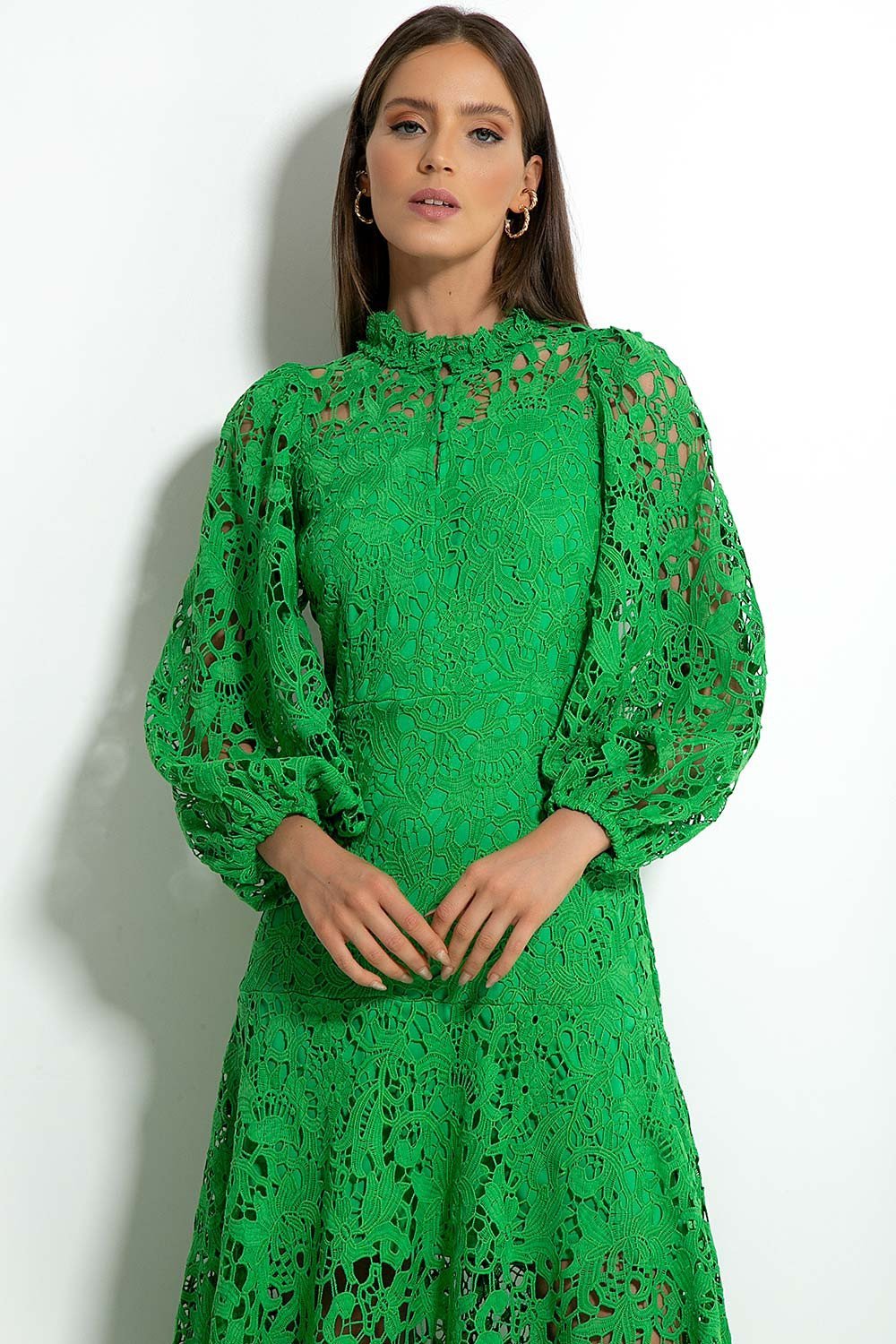 Joa Embroidered Lace Trimmed Flare Maxi-Length Dress