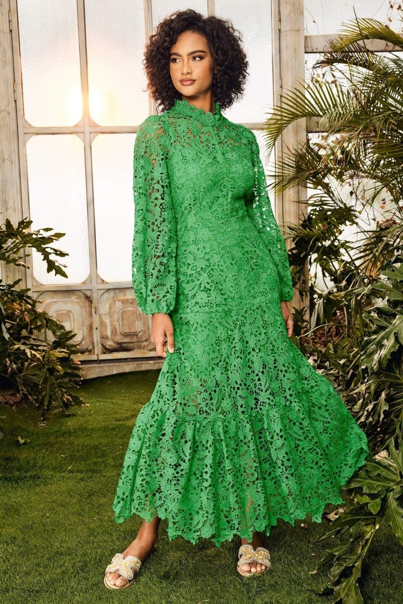 Joa Embroidered Lace Trimmed Flare Maxi-Length Dress