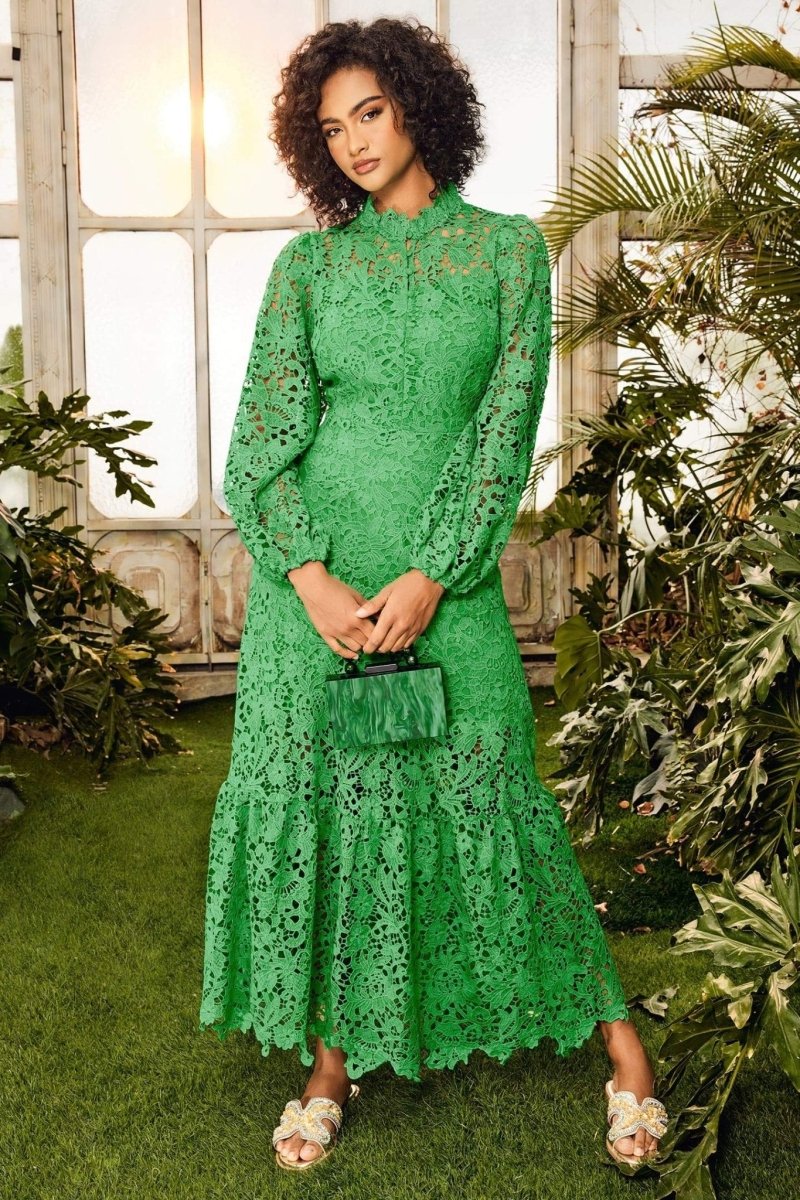 Joa Embroidered Lace Trimmed Flare Maxi-Length Dress