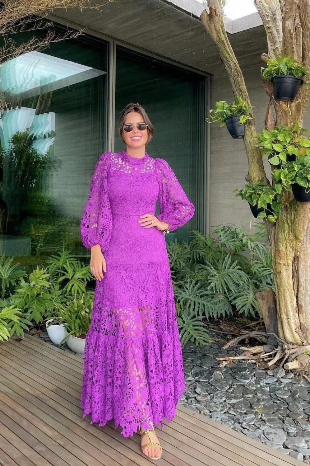 Joa Embroidered Lace Trimmed Flare Maxi-Length Dress