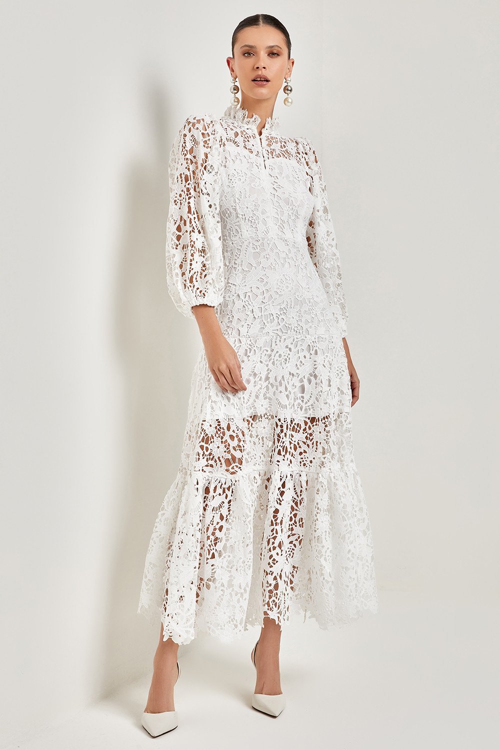 Joa Embroidered Lace Trimmed Flare Maxi-Length Dress