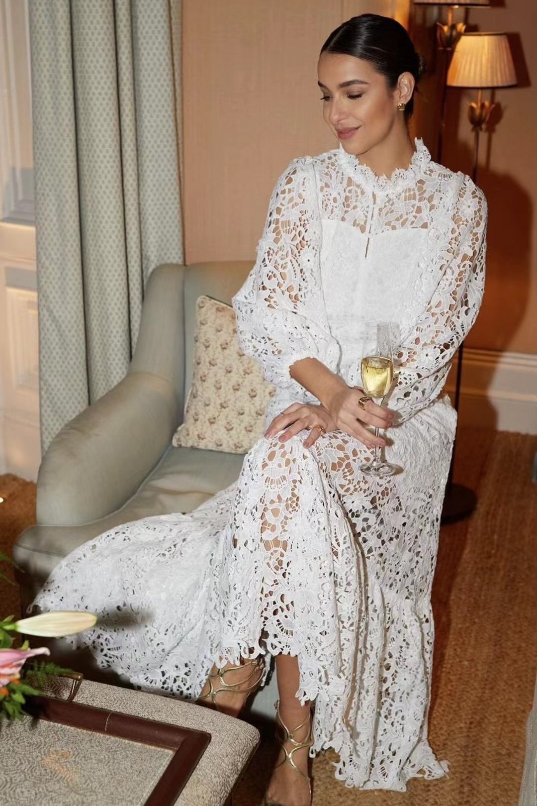 Joa Embroidered Lace Trimmed Flare Maxi-Length Dress