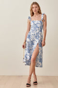 Joa Patterned Ruffled Strap Slit Midi-Length Dress