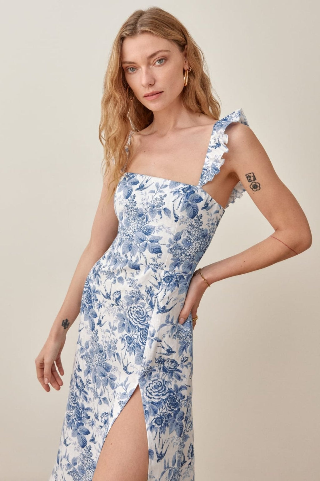 Joa Patterned Ruffled Strap Slit Midi-Length Dress