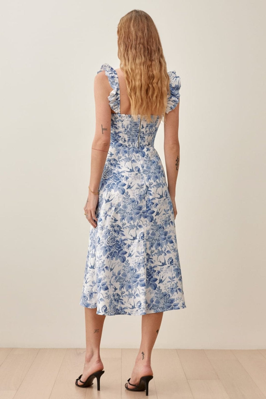 Joa Patterned Ruffled Strap Slit Midi-Length Dress