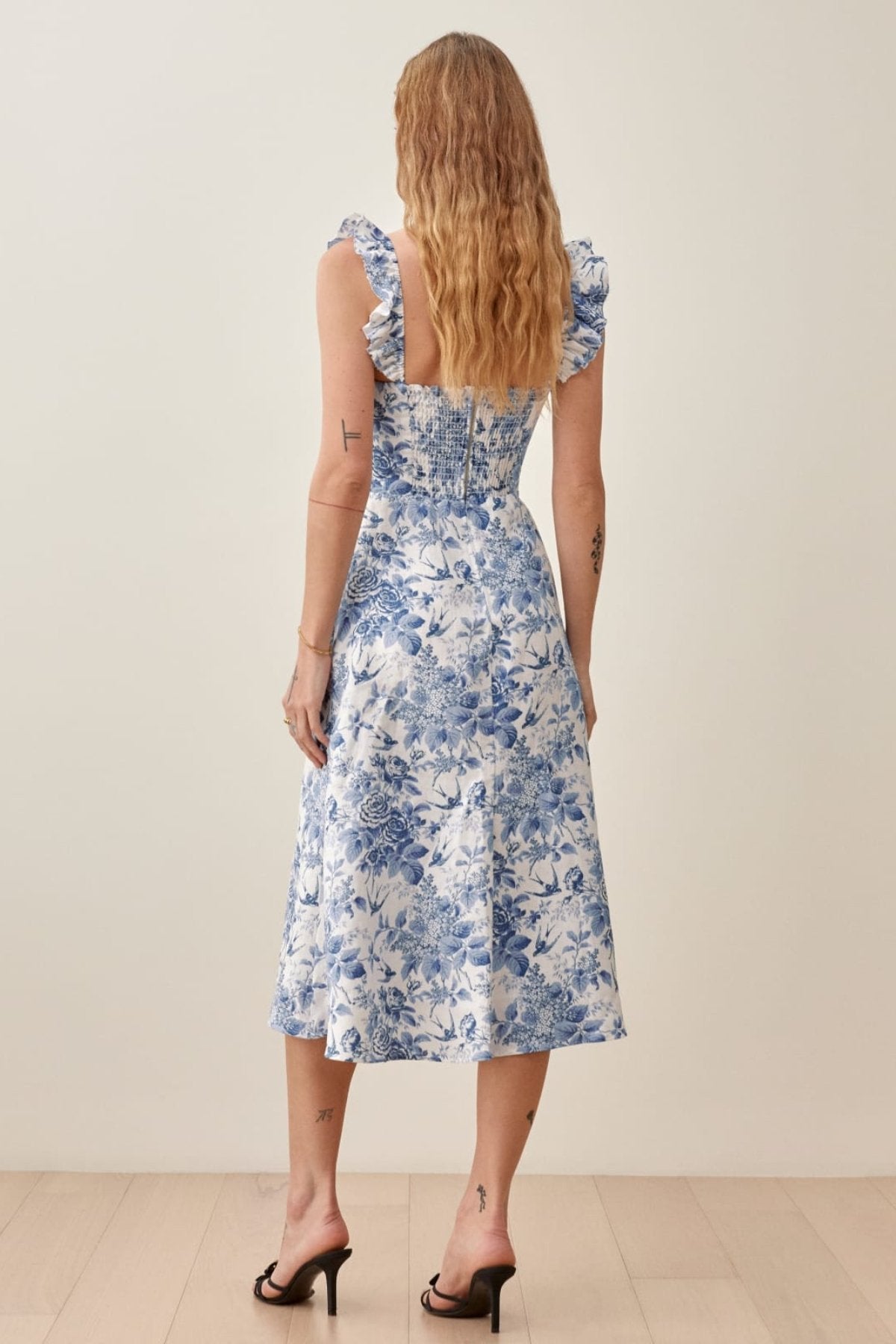 Joa Patterned Ruffled Strap Slit Midi-Length Dress