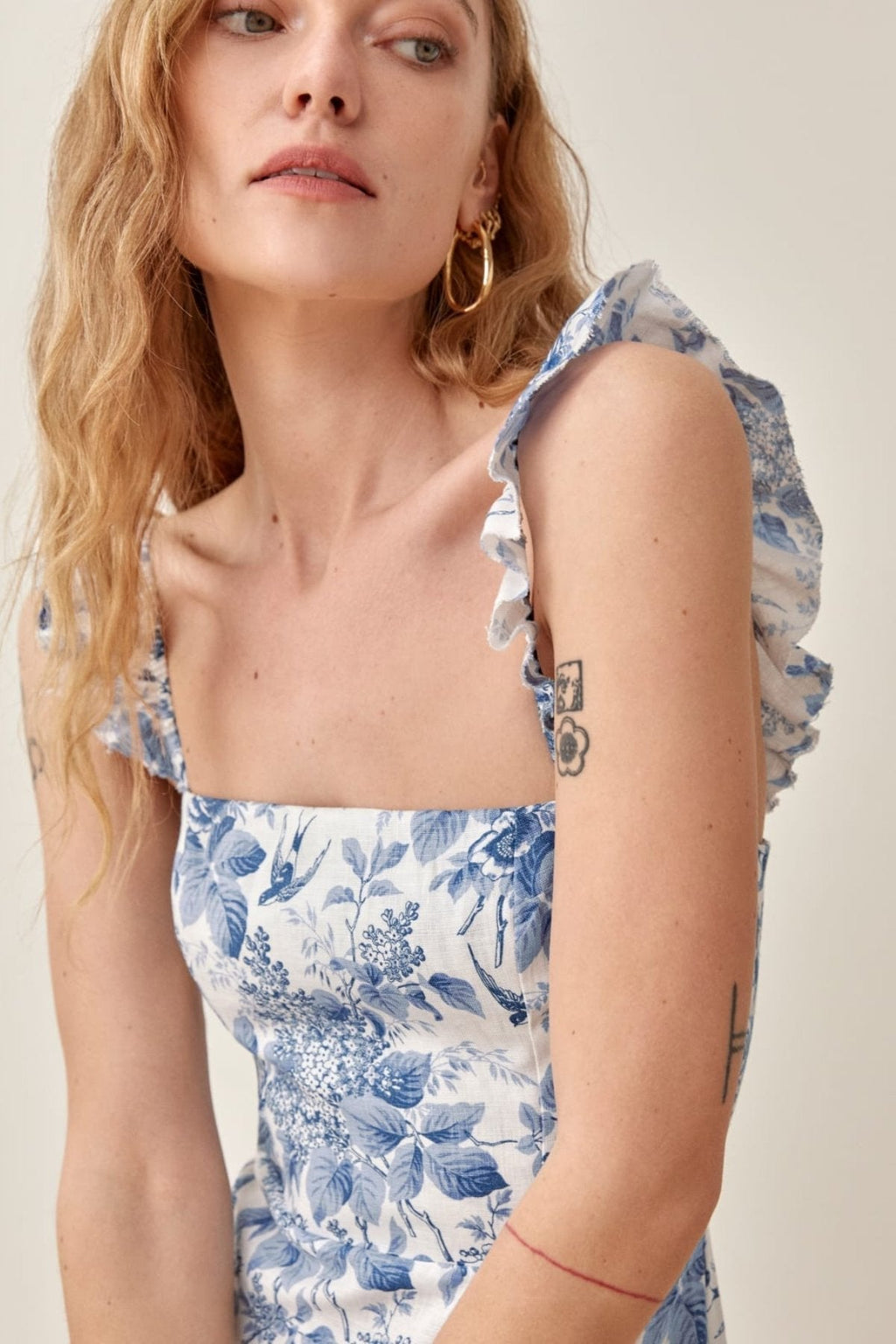 Joa Patterned Ruffled Strap Slit Midi-Length Dress