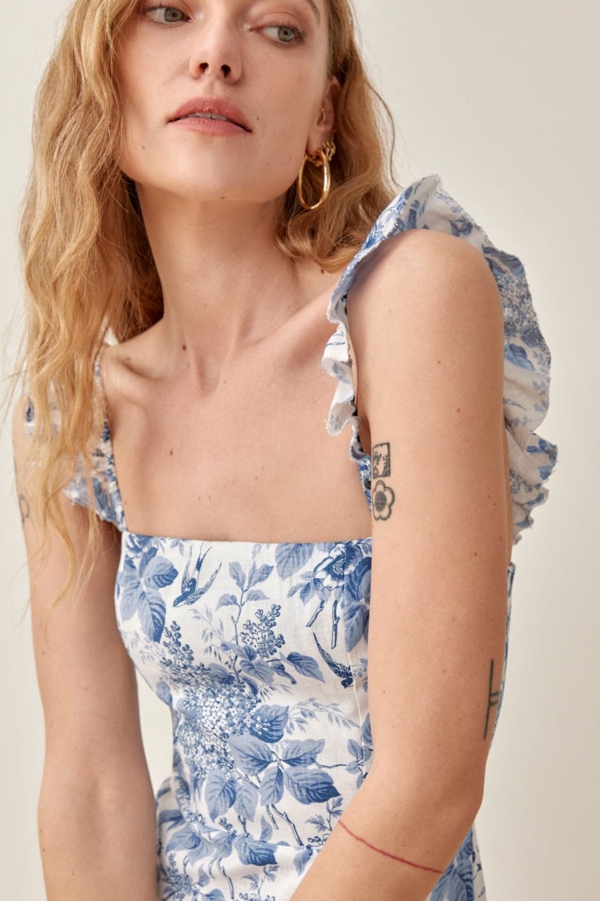 Joa Patterned Ruffled Strap Slit Midi-Length Dress