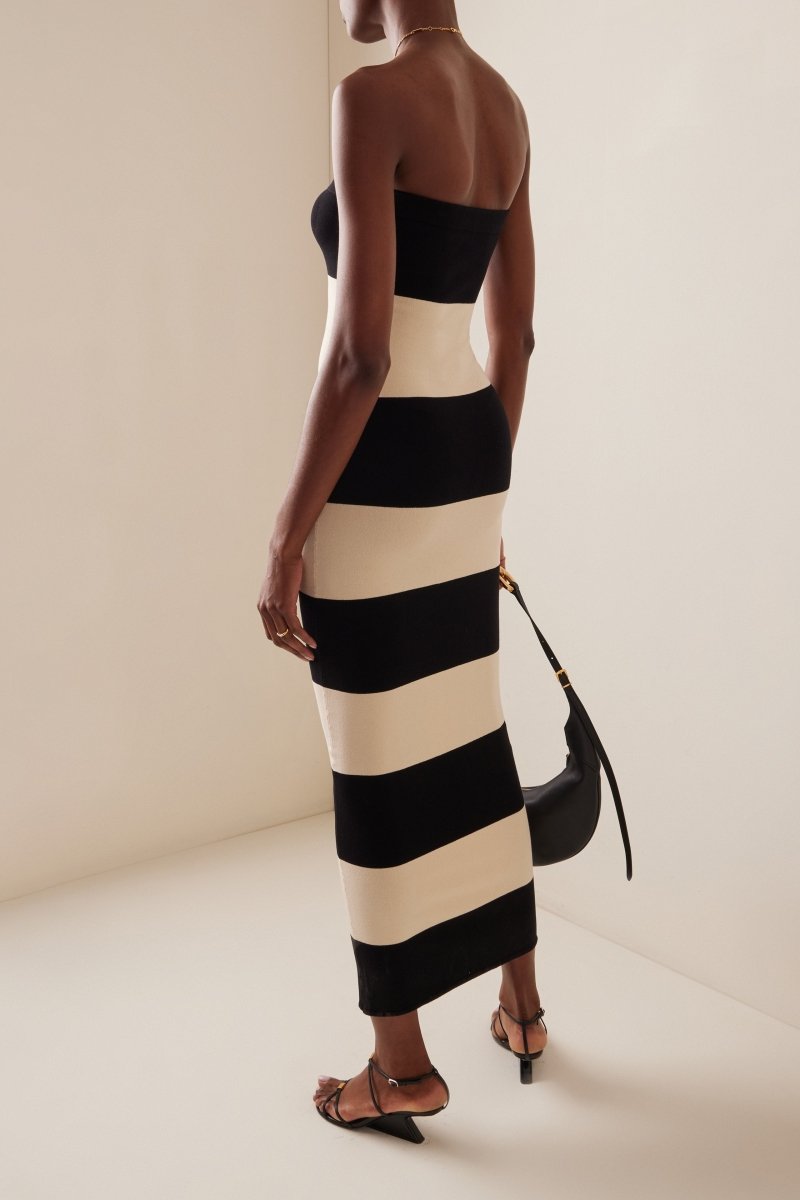 Modern Joanne Strapless Stripes Midi Knit Dress