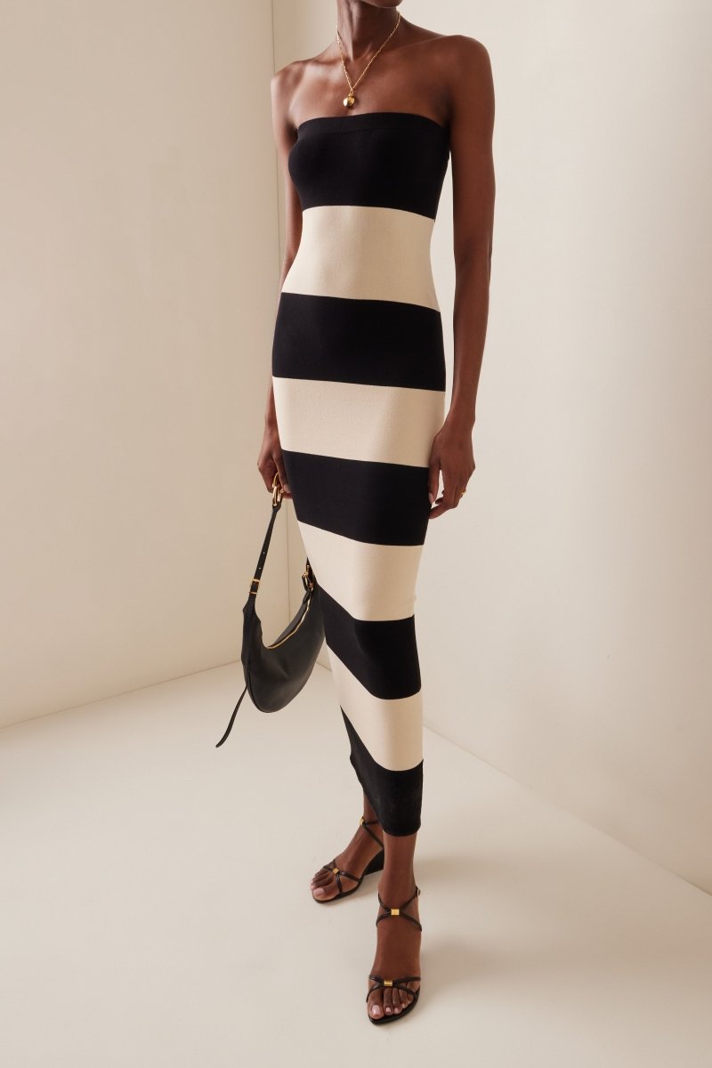 Modern Joanne Strapless Stripes Midi Knit Dress