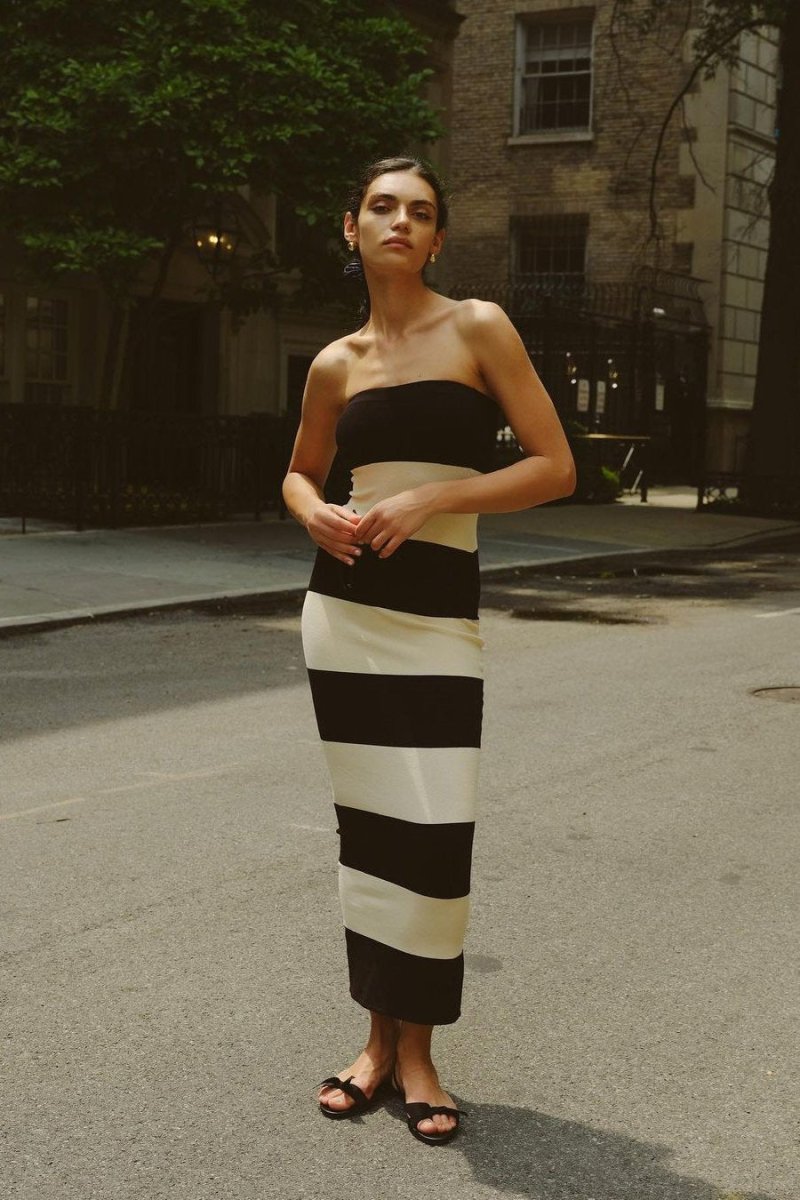 Modern Joanne Strapless Stripes Midi Knit Dress