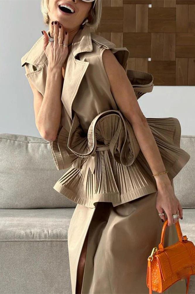 Suzanne Lapel Collar Ruffled Polyester Top