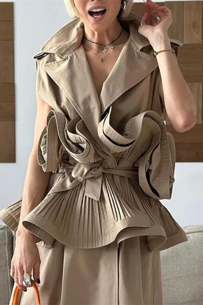 Suzanne Lapel Collar Ruffled Polyester Top