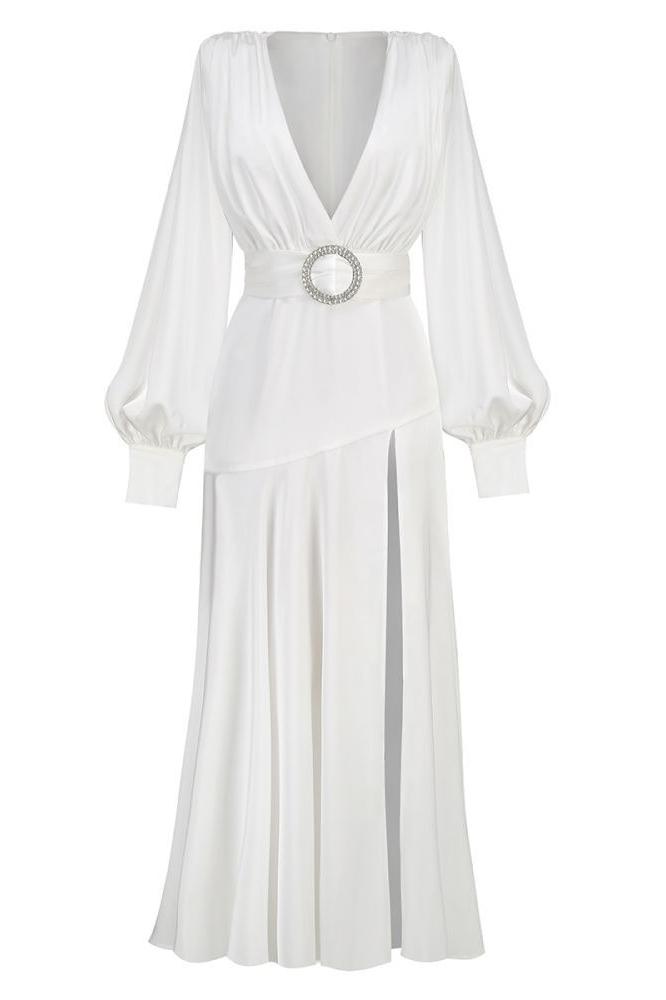 Phoebe V-Neck Belted Slit Maxi-Length Dress