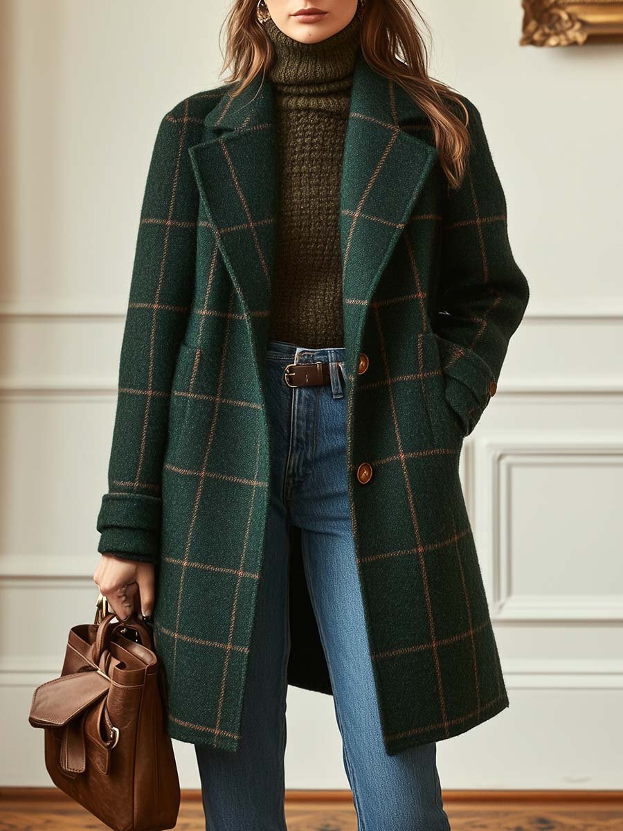 Modern Women's Retro Lapel Plaid Tweed Coat