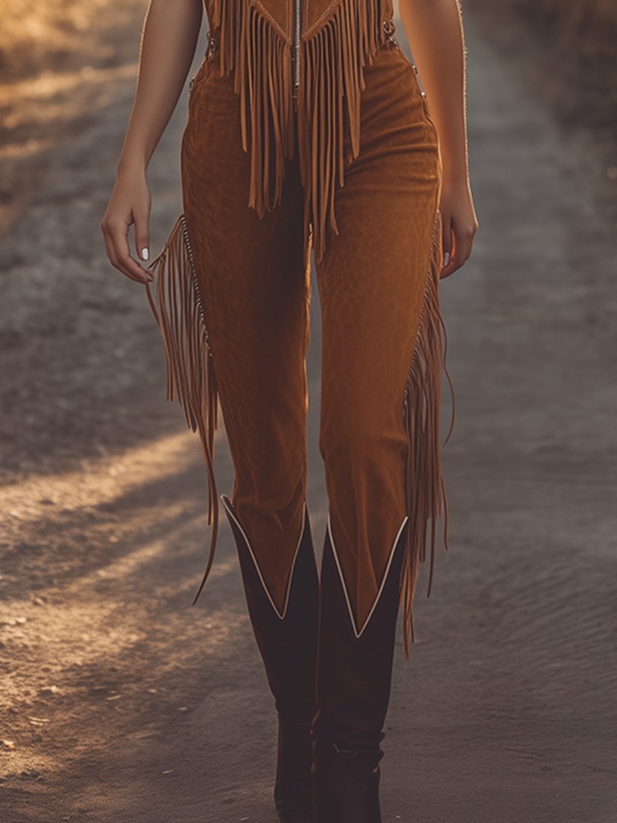 Western Fringed Brown Suede Vest Zip-Front Jumpsuit