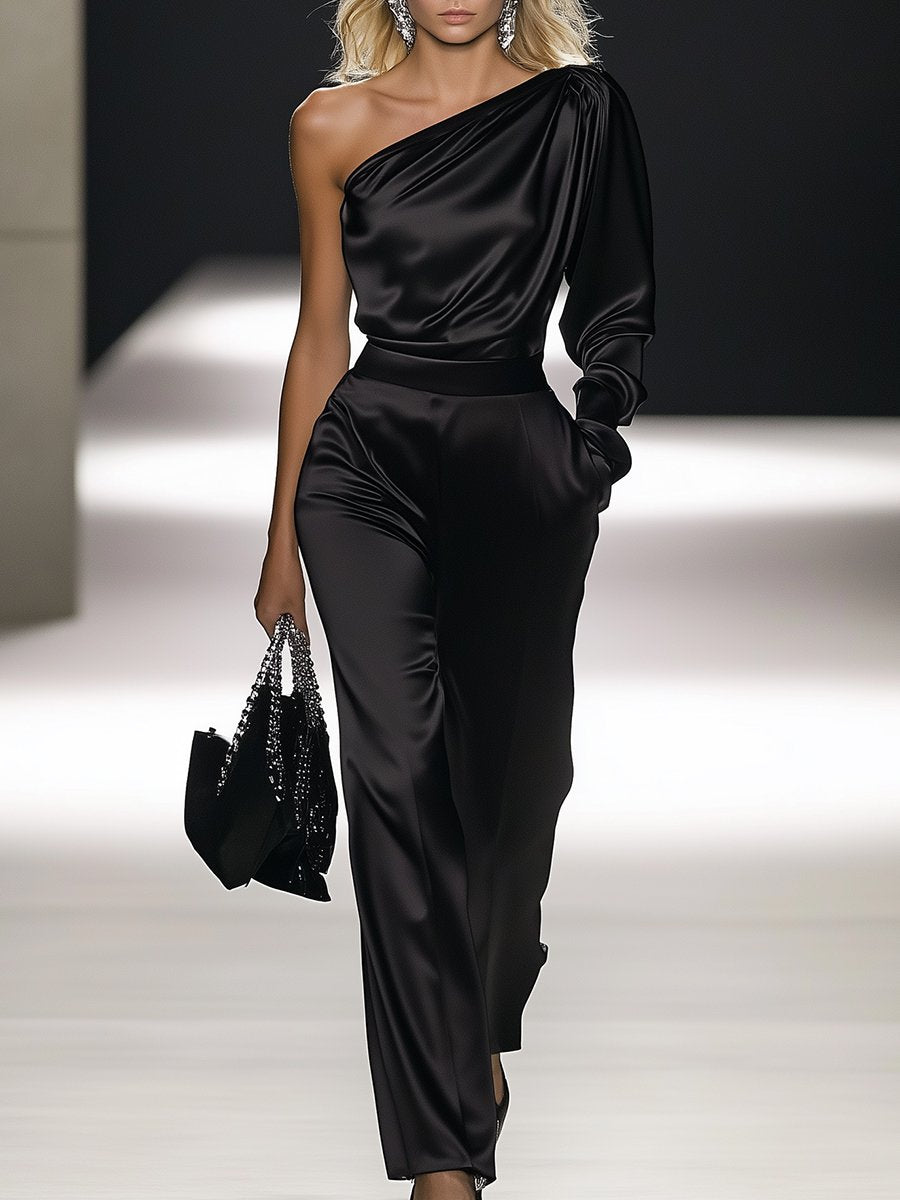 Refined Off-the-shoulder Satin Long-sleeved Jumpsuit