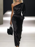 Refined Off-the-shoulder Satin Long-sleeved Jumpsuit