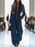 Relaxed Loose Retro Red Topstitched Denim Wide-Leg Long Sleeve Jumpsuit