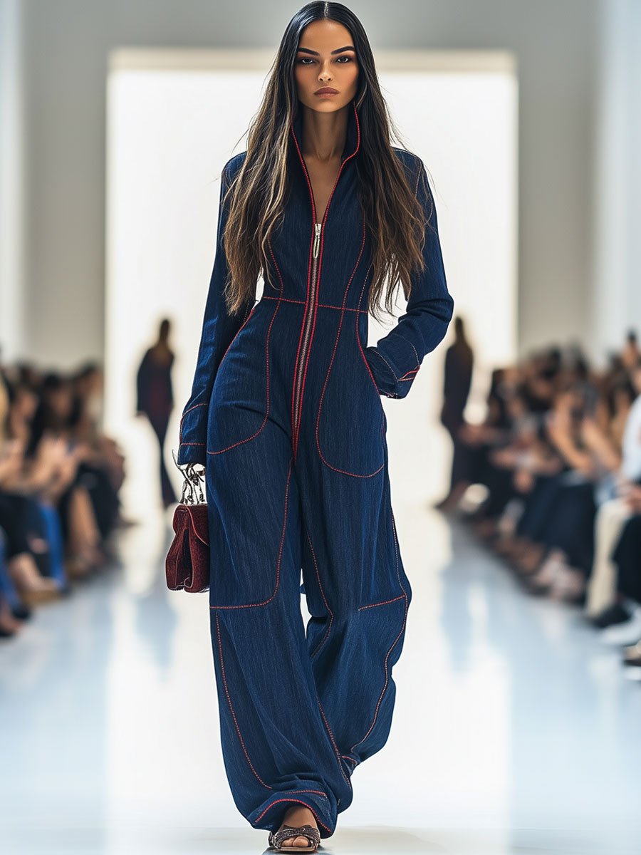 Relaxed Loose Retro Red Topstitched Denim Wide-Leg Long Sleeve Jumpsuit