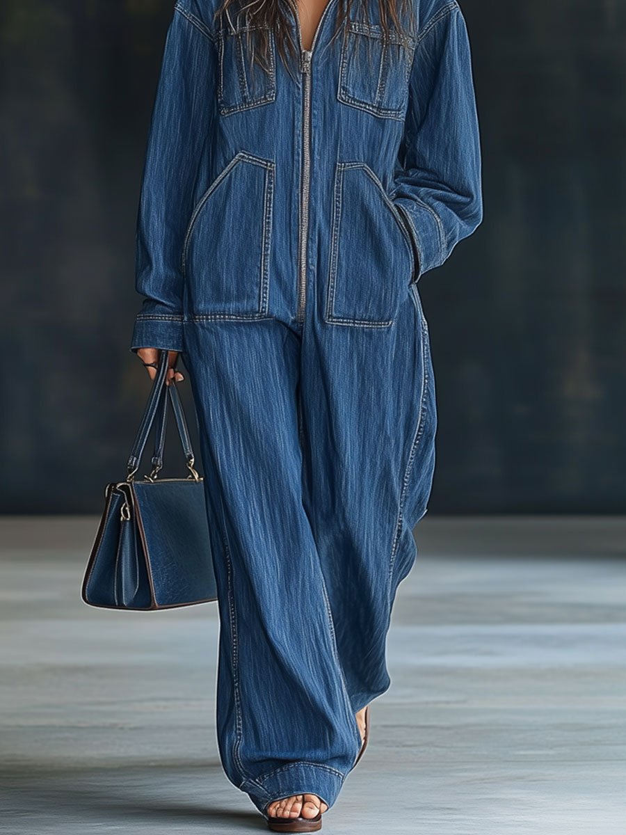 Relaxed Loose Retro Pocket Long Sleeve Hooded Zipper Denim Jumpsuit