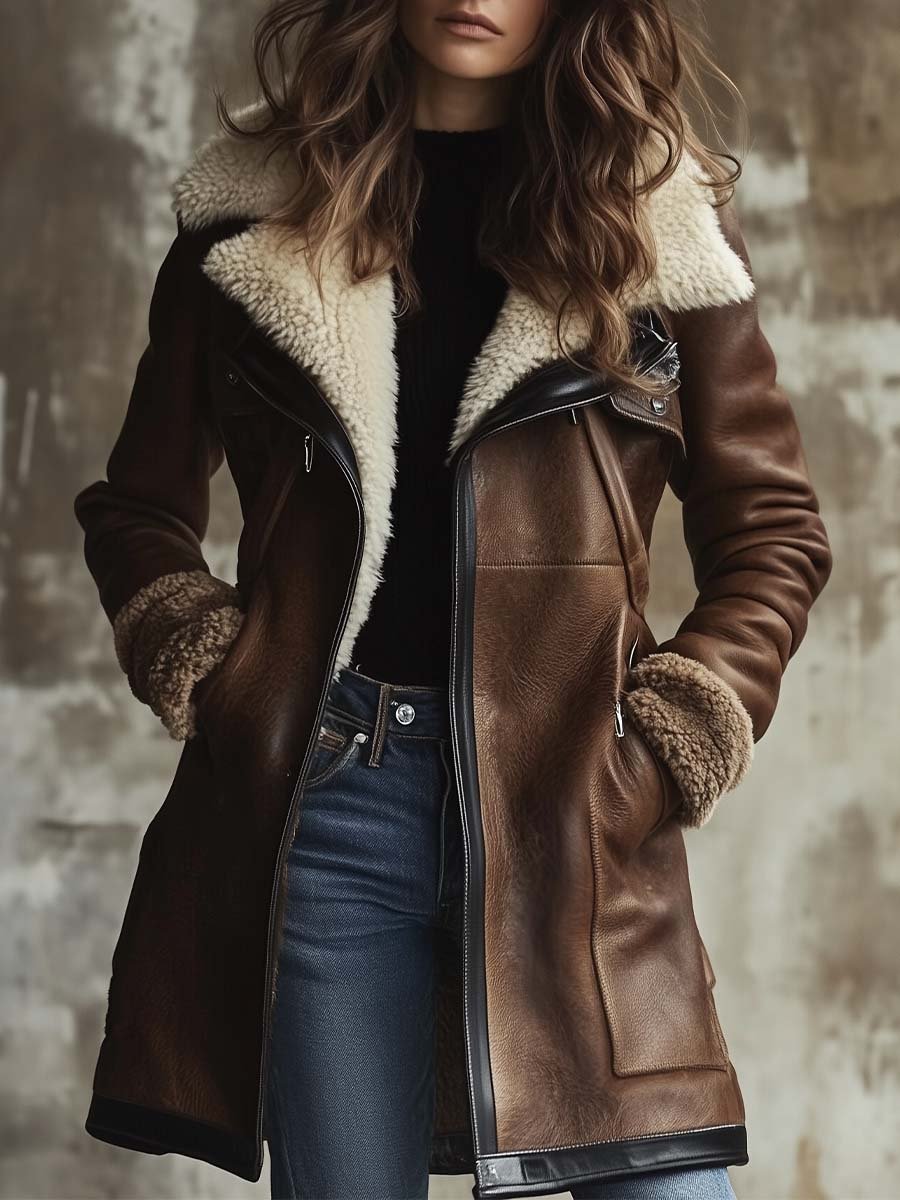 Women's Retro Contrast Lambskin Collar Faux Leather Coat