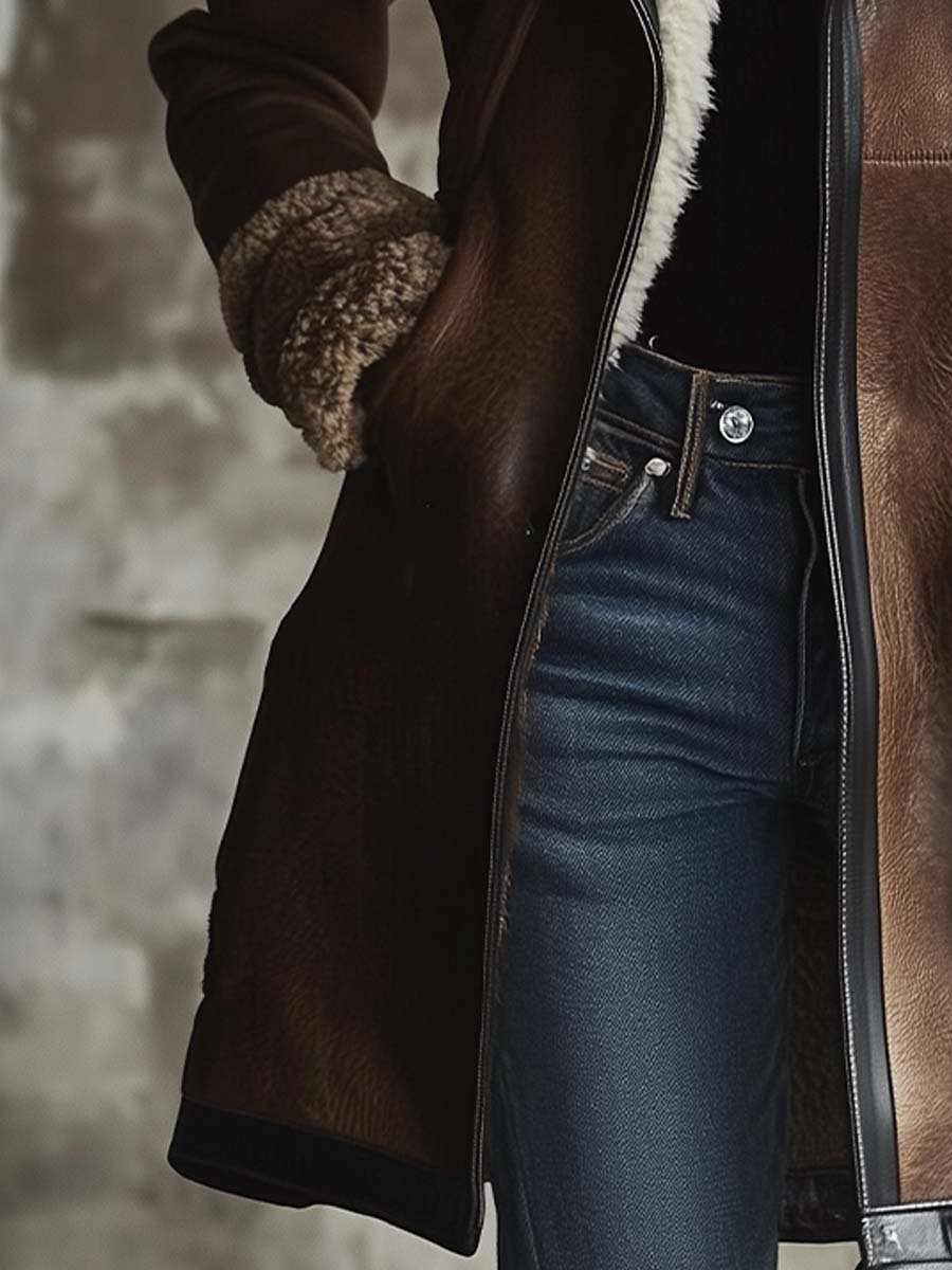 Women's Retro Contrast Lambskin Collar Faux Leather Coat
