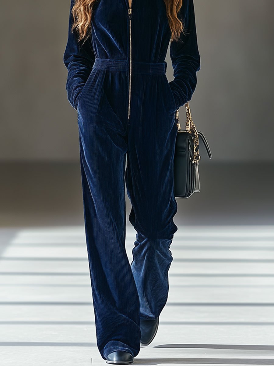 Relaxed Loose Retro Corduroy Elastic Waist Zipper Jumpsuit