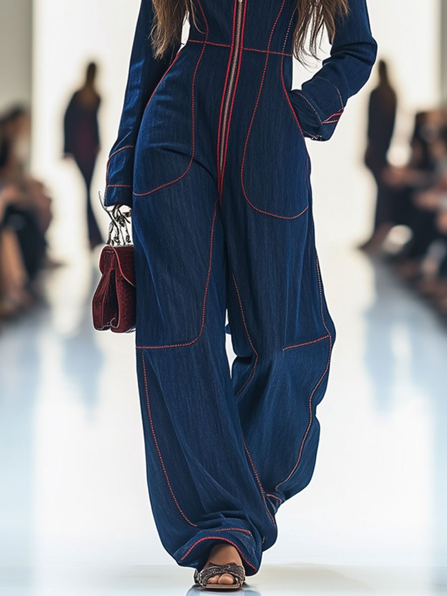 Relaxed Loose Retro Red Topstitched Denim Wide-Leg Long Sleeve Jumpsuit