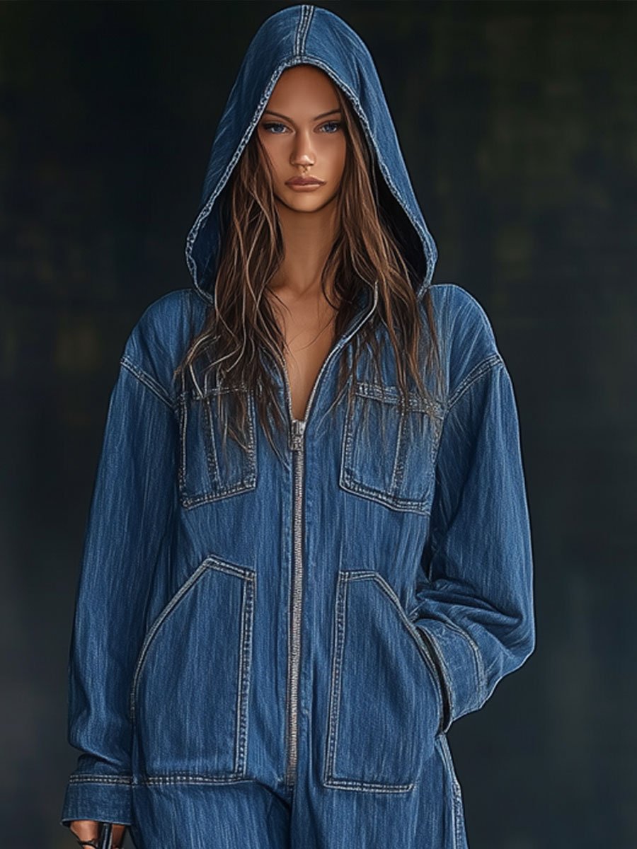 Relaxed Loose Retro Pocket Long Sleeve Hooded Zipper Denim Jumpsuit