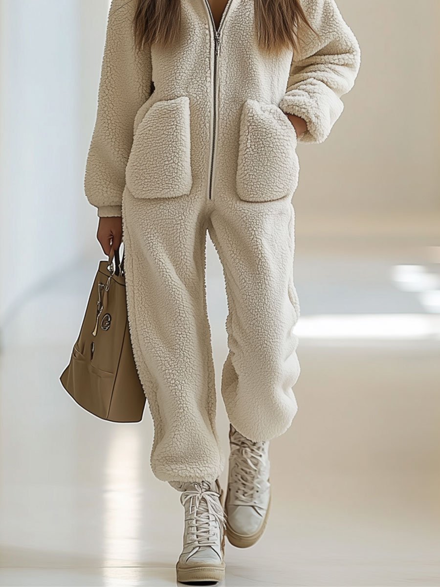 Relaxed Loose Retro Polar Fleece Pocket Zipper Hooded Jumpsuit