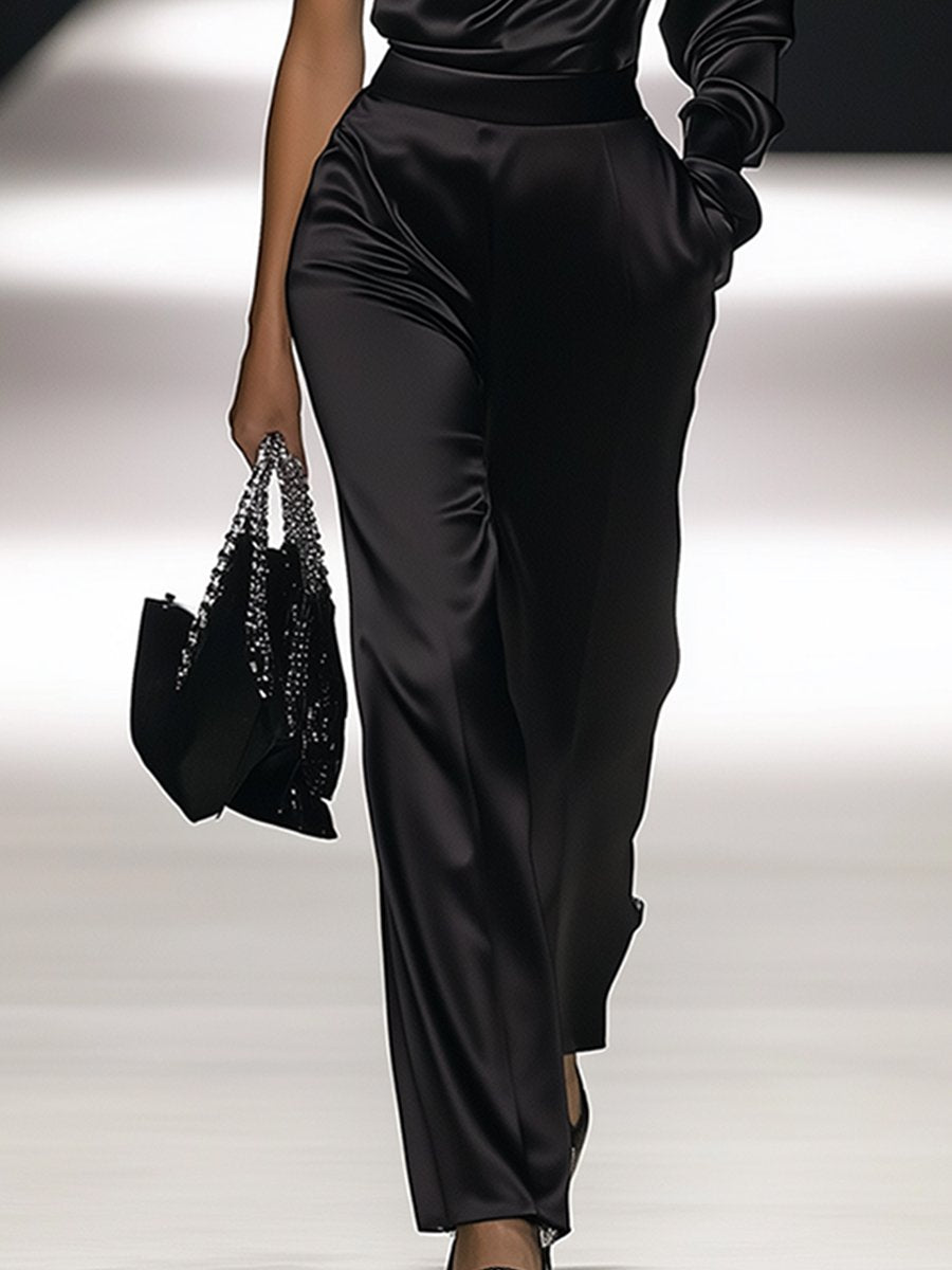 Refined Off-the-shoulder Satin Long-sleeved Jumpsuit