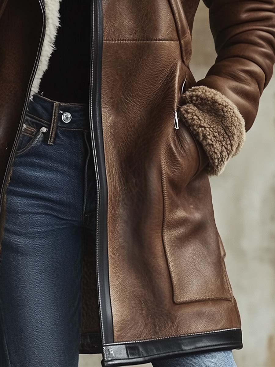 Women's Retro Contrast Lambskin Collar Faux Leather Coat