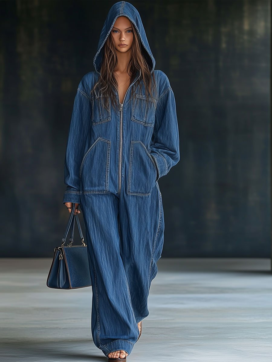 Relaxed Loose Retro Pocket Long Sleeve Hooded Zipper Denim Jumpsuit
