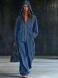 Relaxed Loose Retro Pocket Long Sleeve Hooded Zipper Denim Jumpsuit