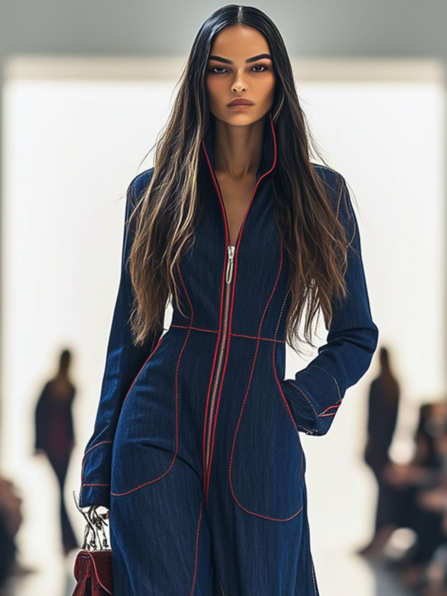 Relaxed Loose Retro Red Topstitched Denim Wide-Leg Long Sleeve Jumpsuit