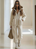 Relaxed Loose Retro Polar Fleece Pocket Zipper Hooded Jumpsuit