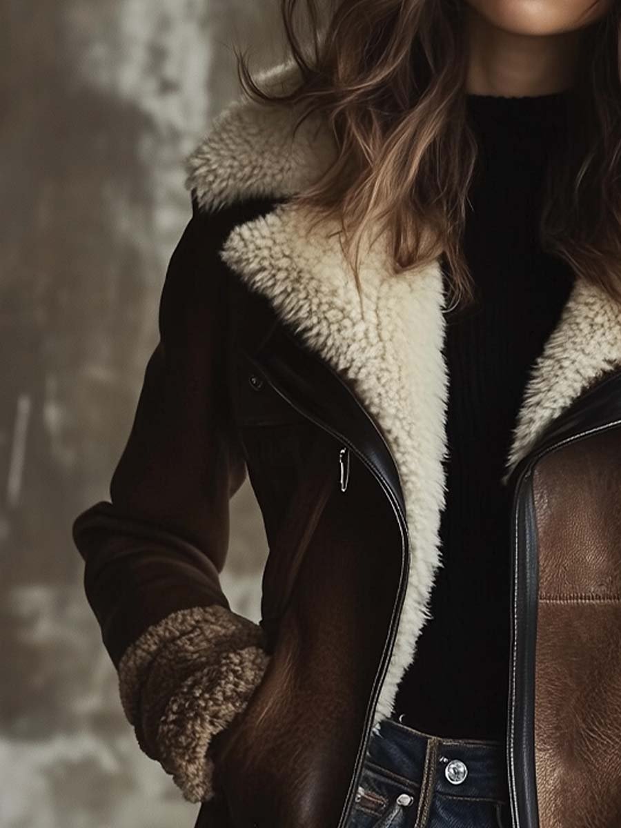 Women's Retro Contrast Lambskin Collar Faux Leather Coat