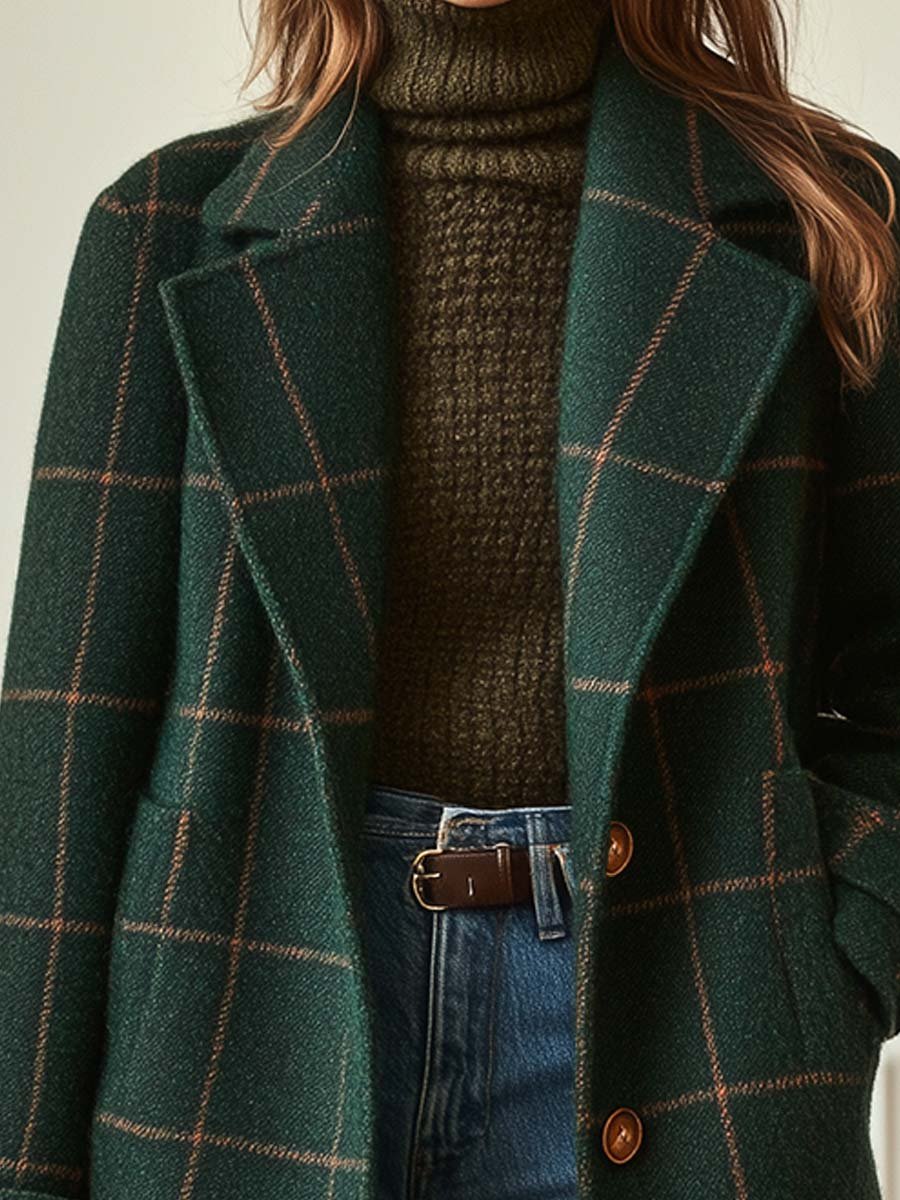 Modern Women's Retro Lapel Plaid Tweed Coat