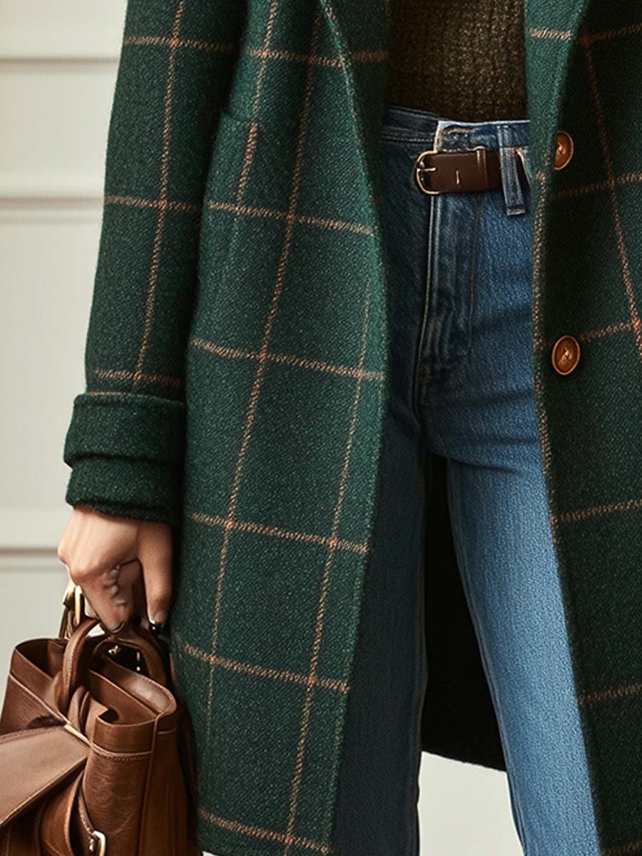 Modern Women's Retro Lapel Plaid Tweed Coat