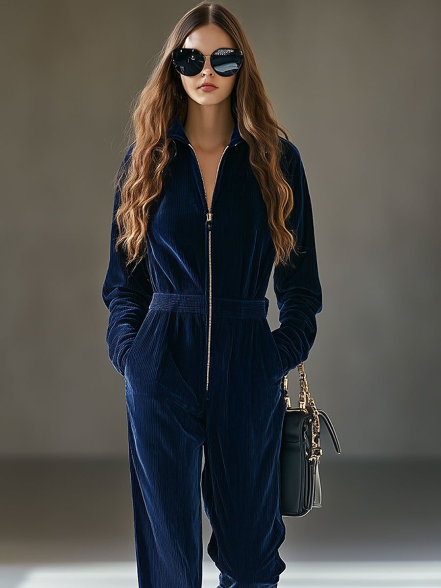 Relaxed Loose Retro Corduroy Elastic Waist Zipper Jumpsuit