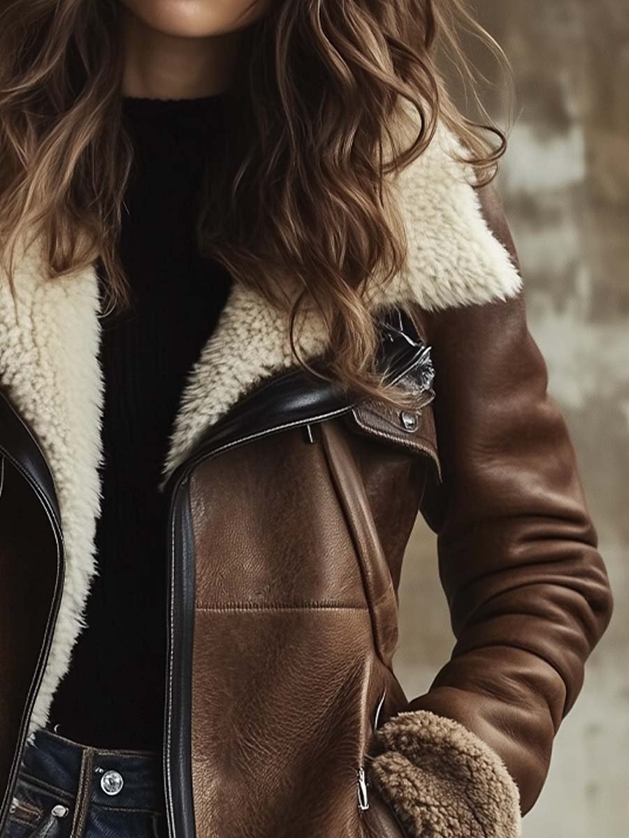 Women's Retro Contrast Lambskin Collar Faux Leather Coat