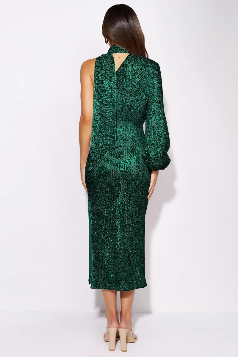 Judith Sequins Halterneck Asymmetry Midi-Length Dress
