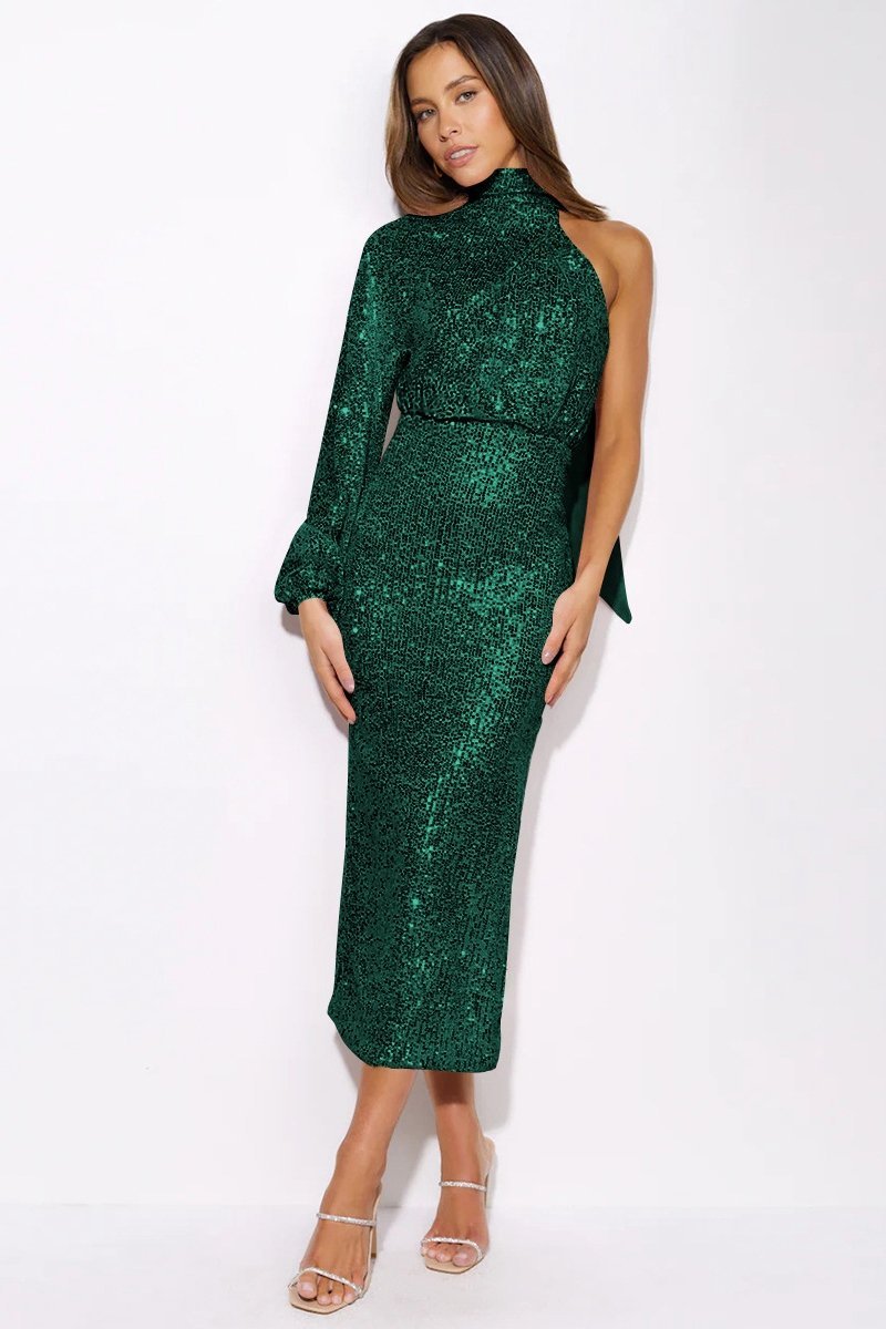 Judith Sequins Halterneck Asymmetry Midi-Length Dress